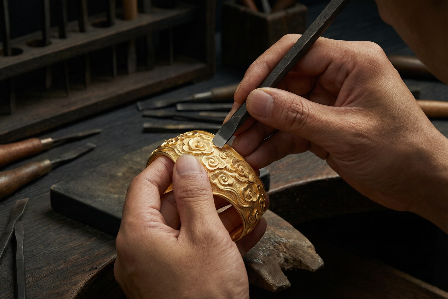 御金师金匠正在錾刻金饰